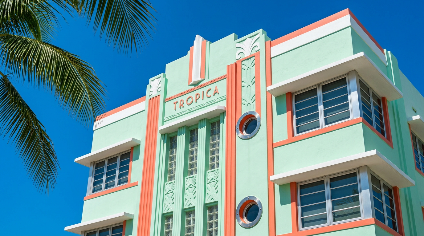 Art Deco facade detail with eyebrow ledges and a stepped parapet