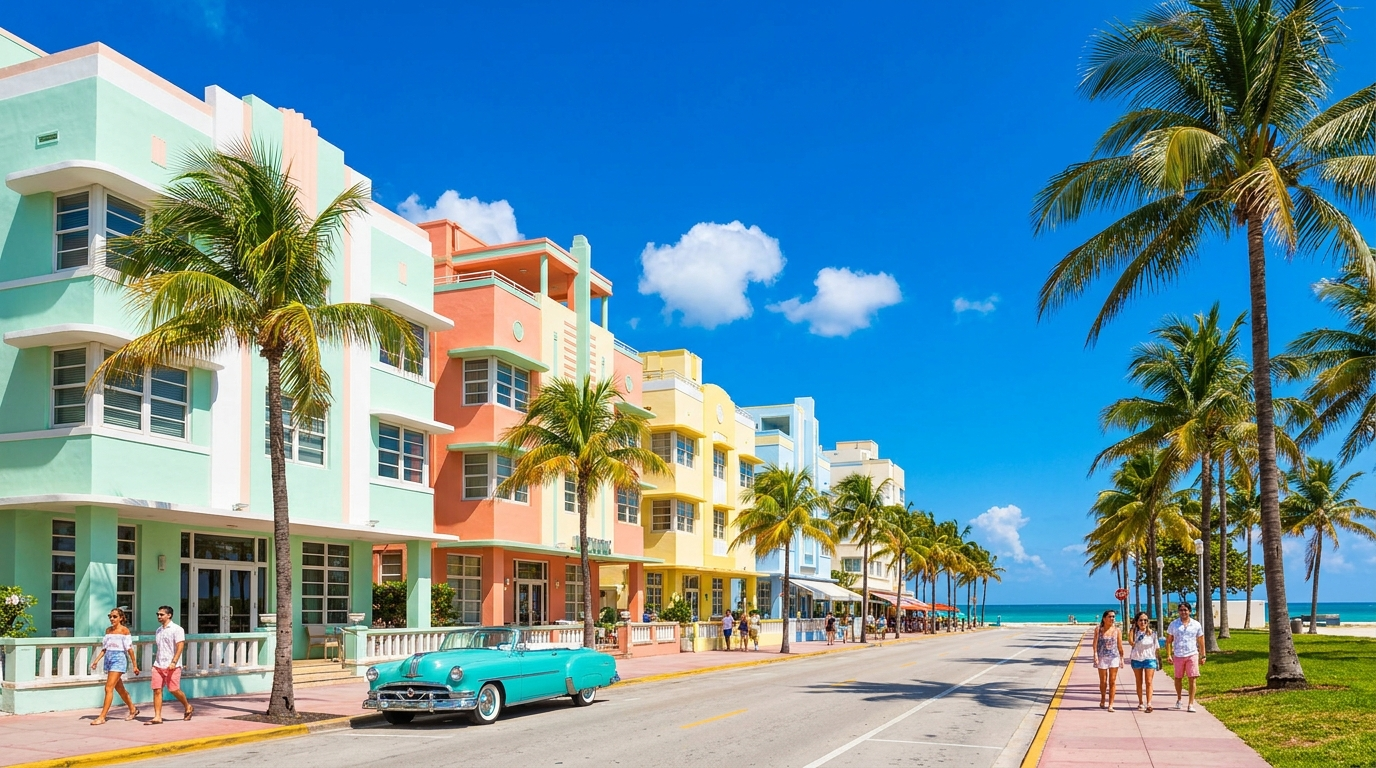 Pastel Art Deco hotels on Ocean Drive, Miami Beach