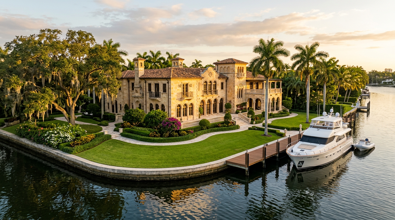 A Gables Estates waterfront mansion on a wide canal