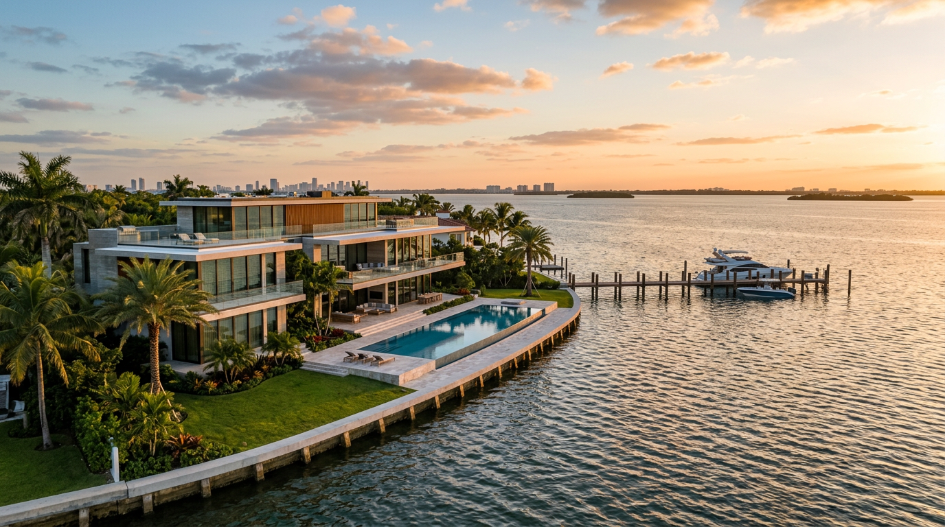 Open-bay frontage and a long private dock in North Miami