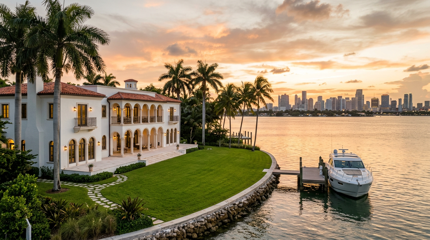 Sunset Islands bayfront estate at golden hour