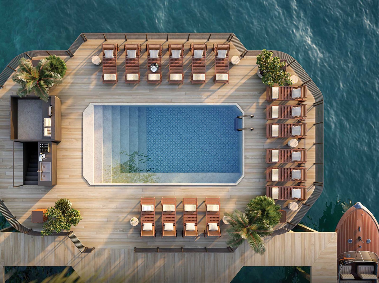 Villa Miami terrace with outdoor kitchen and bay views — developer rendering