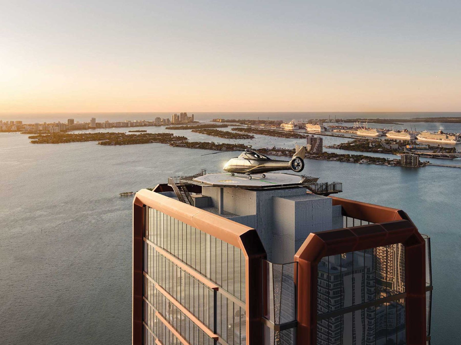 Villa Miami evening view from Biscayne Bay — developer rendering