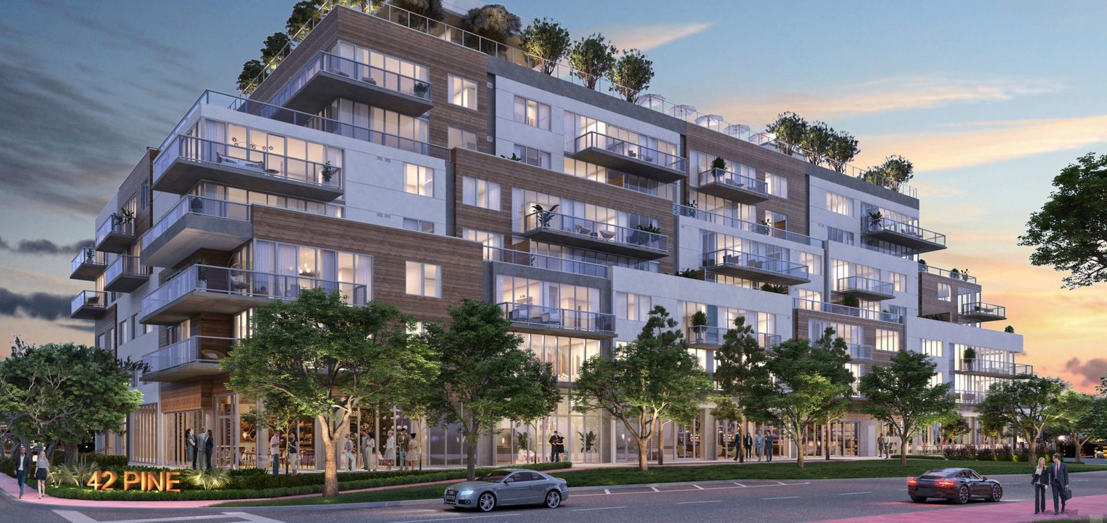 Developer rendering of 42 Pine in Miami Beach at dusk