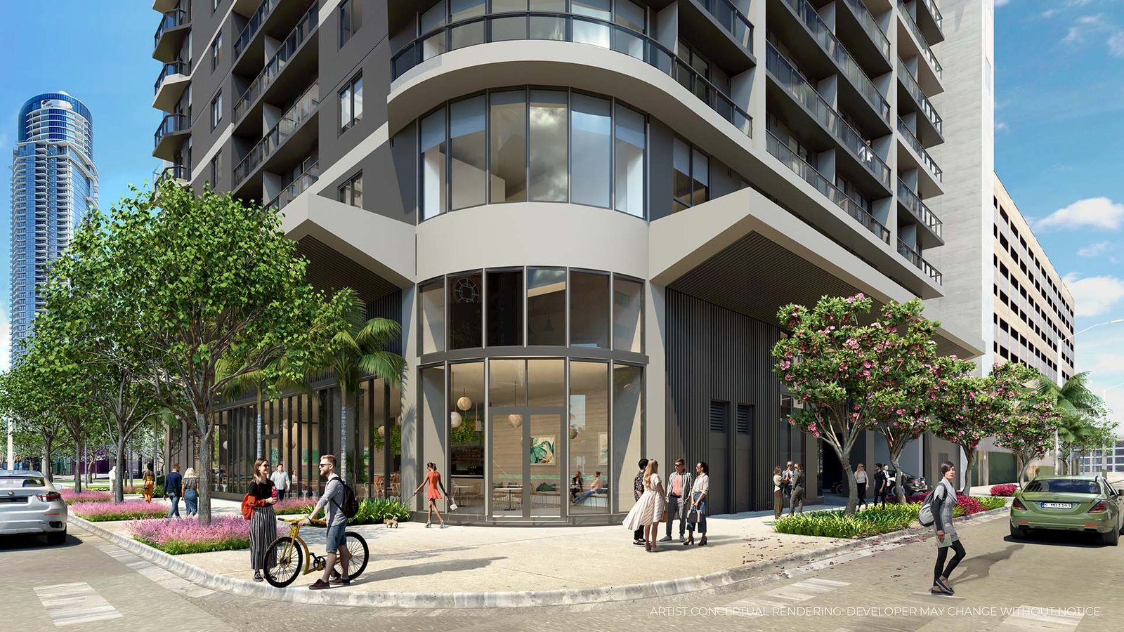 The corner of 501 First Residences at street level — developer rendering