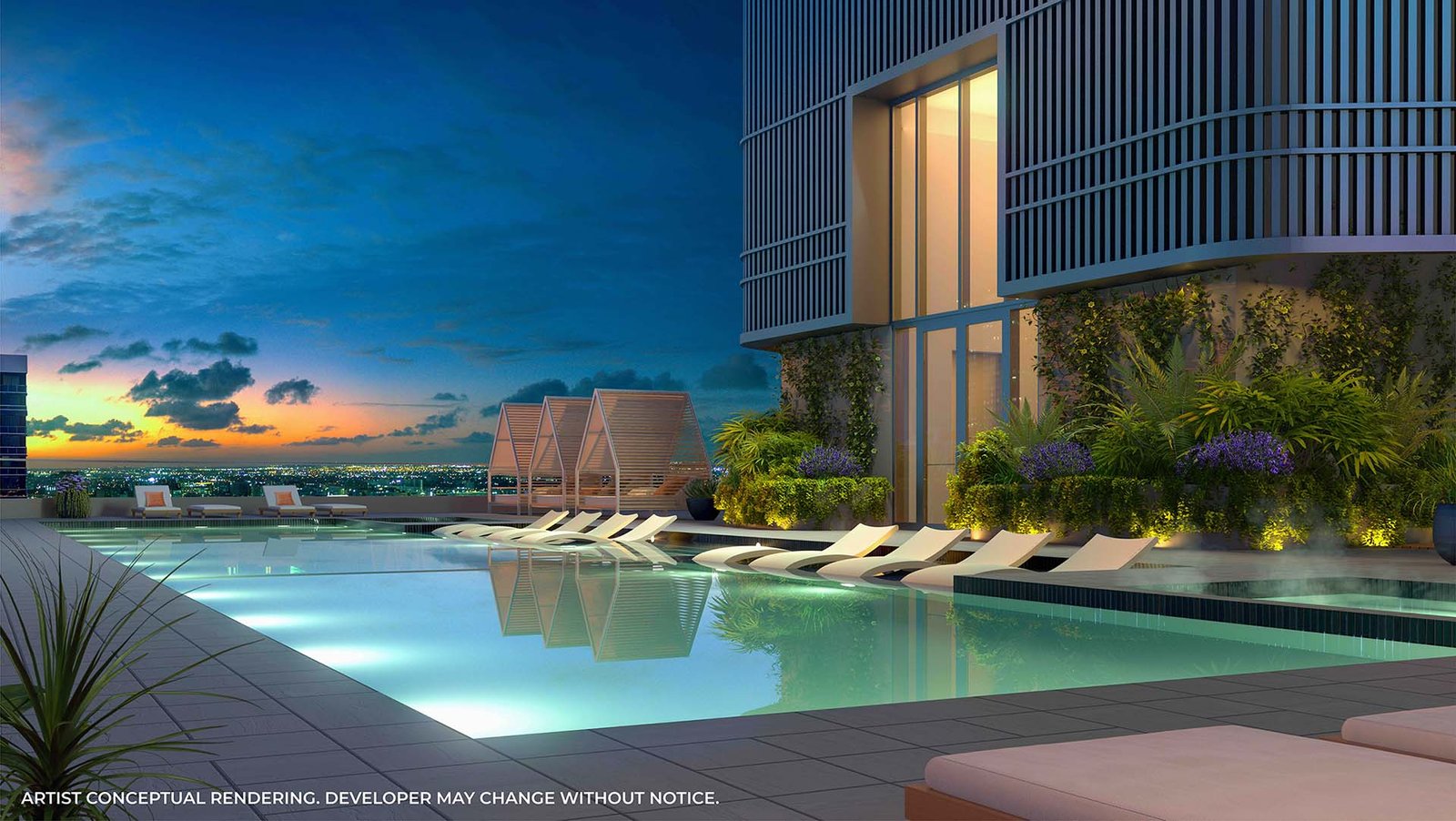 The pool at sunset at 501 First Residences — developer rendering