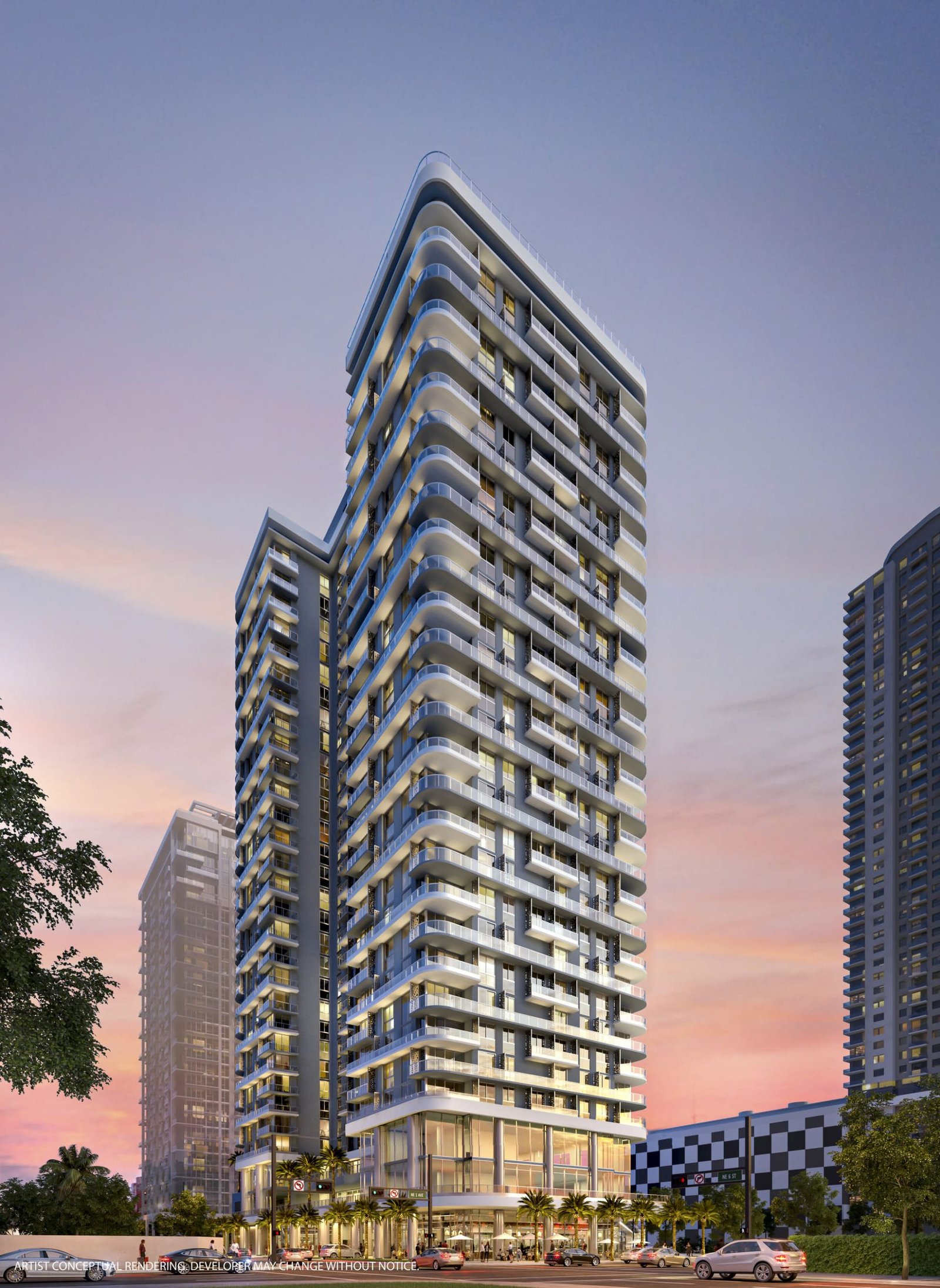 - 600 Miami Worldcenter 600 Miami Worldcenter at dusk — developer rendering