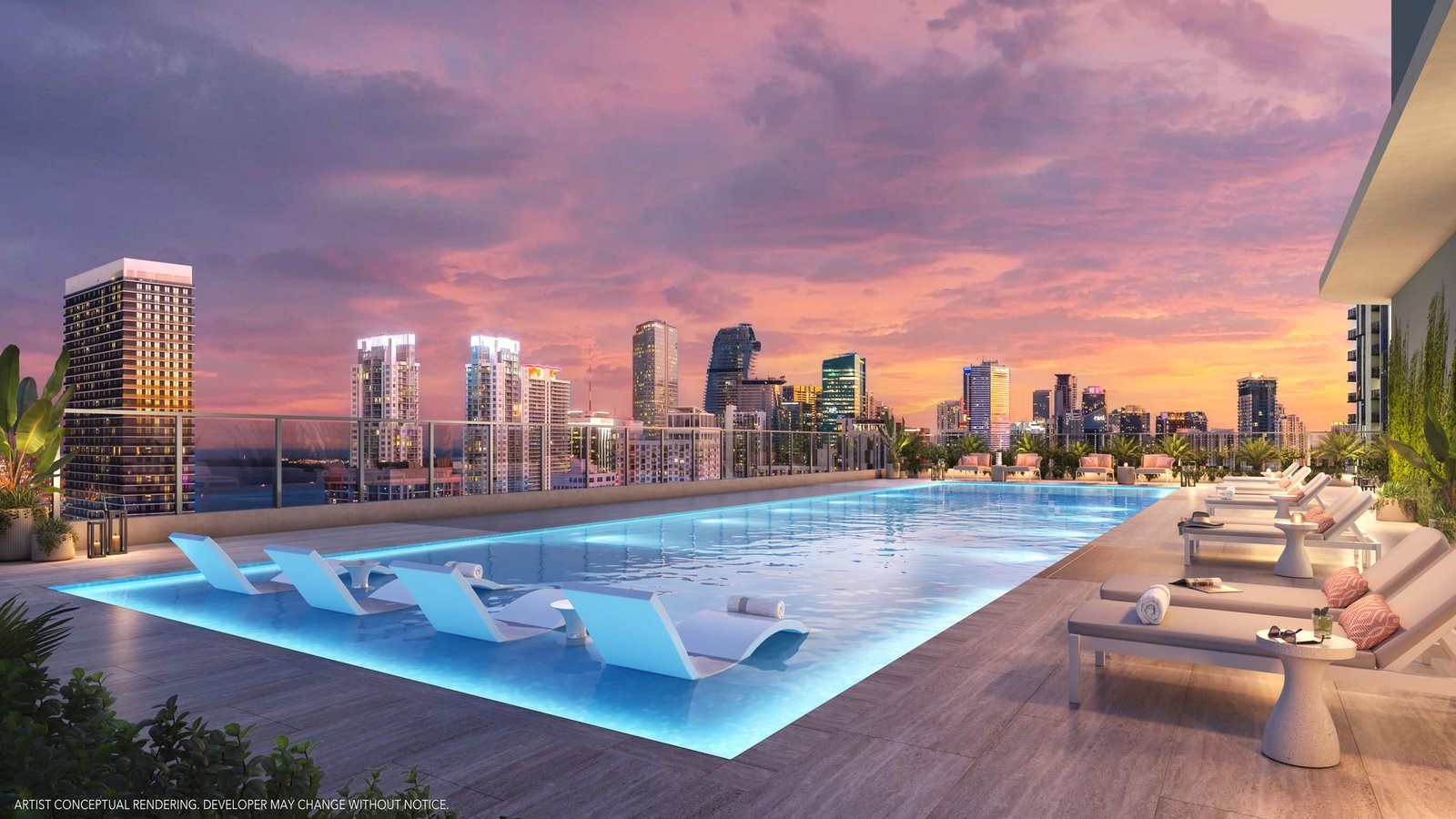 - 600 Miami Worldcenter The rooftop pool deck at 600 Miami Worldcenter — developer rendering