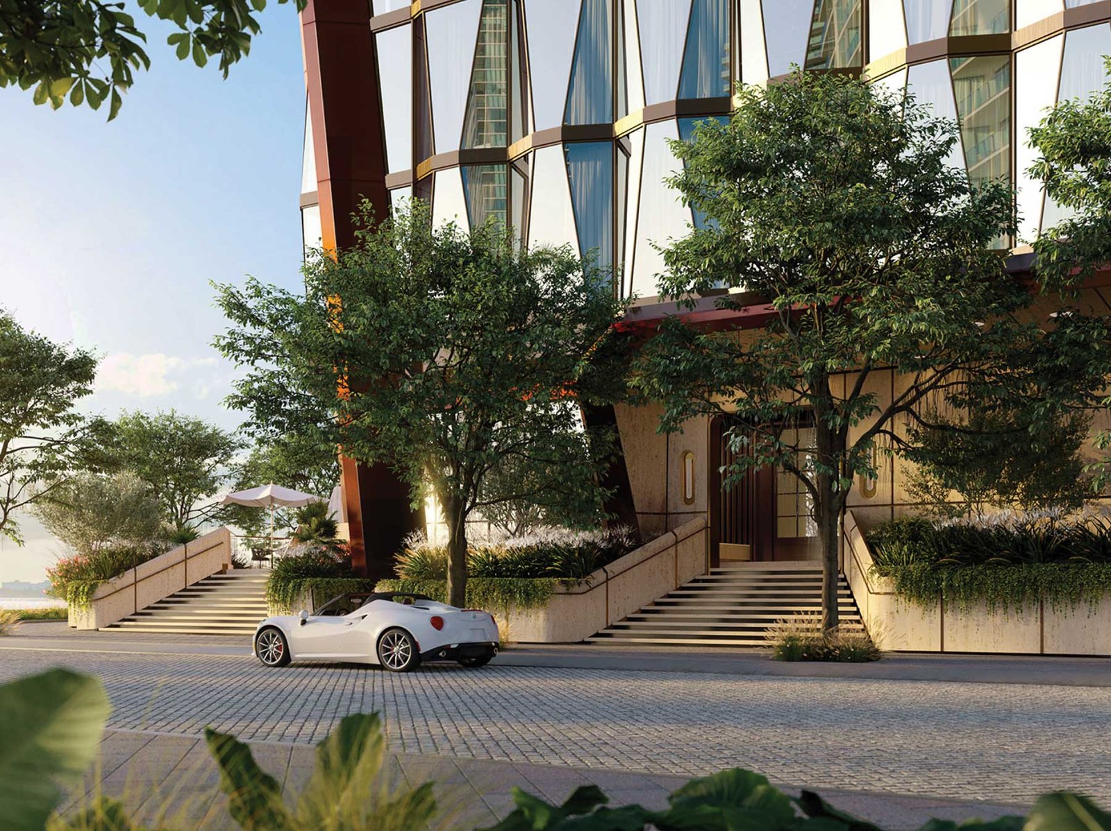 Villa Miami living room interior with floor-to-ceiling bay views — developer rendering