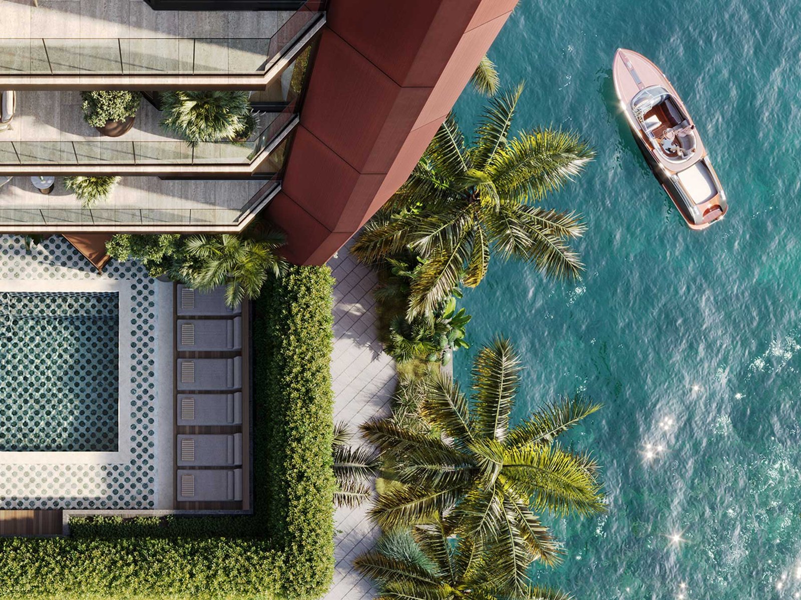 Villa Miami primary bedroom overlooking Biscayne Bay — developer rendering