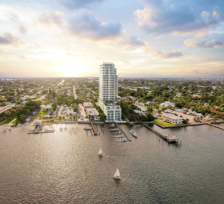 Developer rendering of Alba Palm Beach on the Intracoastal in West Palm Beach at sunset