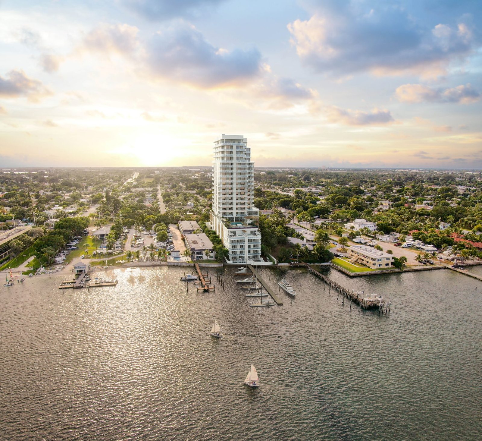 Developer rendering of Alba Palm Beach on the Intracoastal in West Palm Beach at sunset