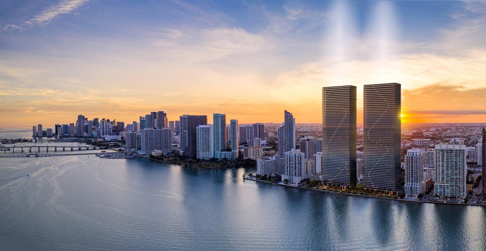 Aria Reserve at sunset over Biscayne Bay — developer rendering