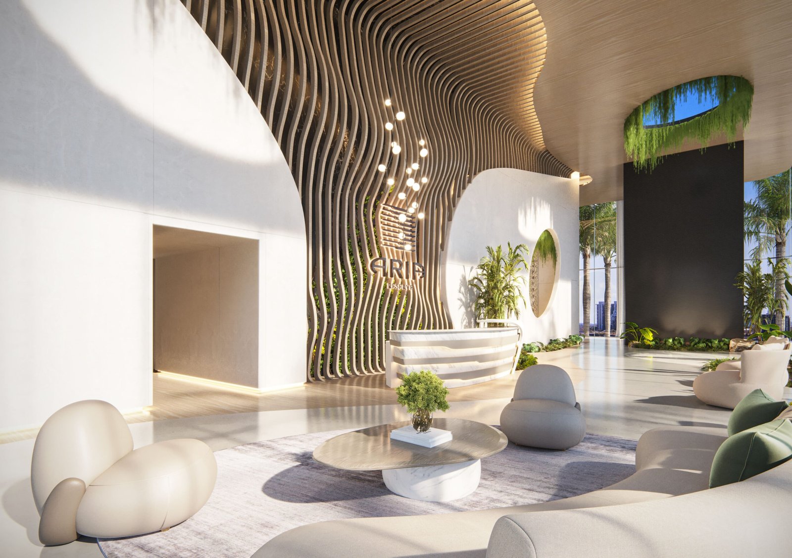 The arrival lounge at Aria Reserve — developer rendering