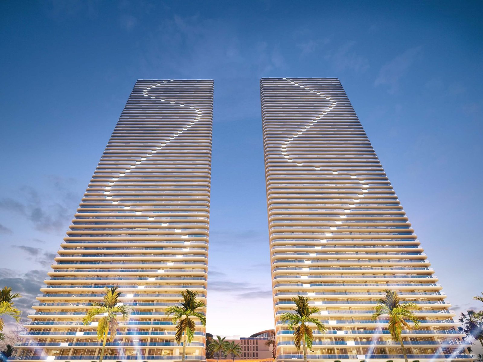 The twin towers of Aria Reserve from below — developer rendering