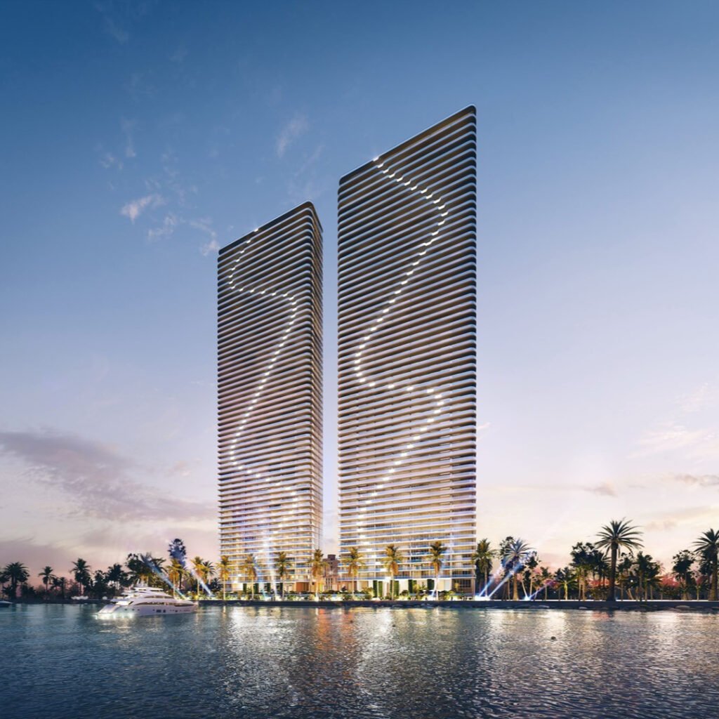 The twin towers of Aria Reserve on Biscayne Bay — developer rendering