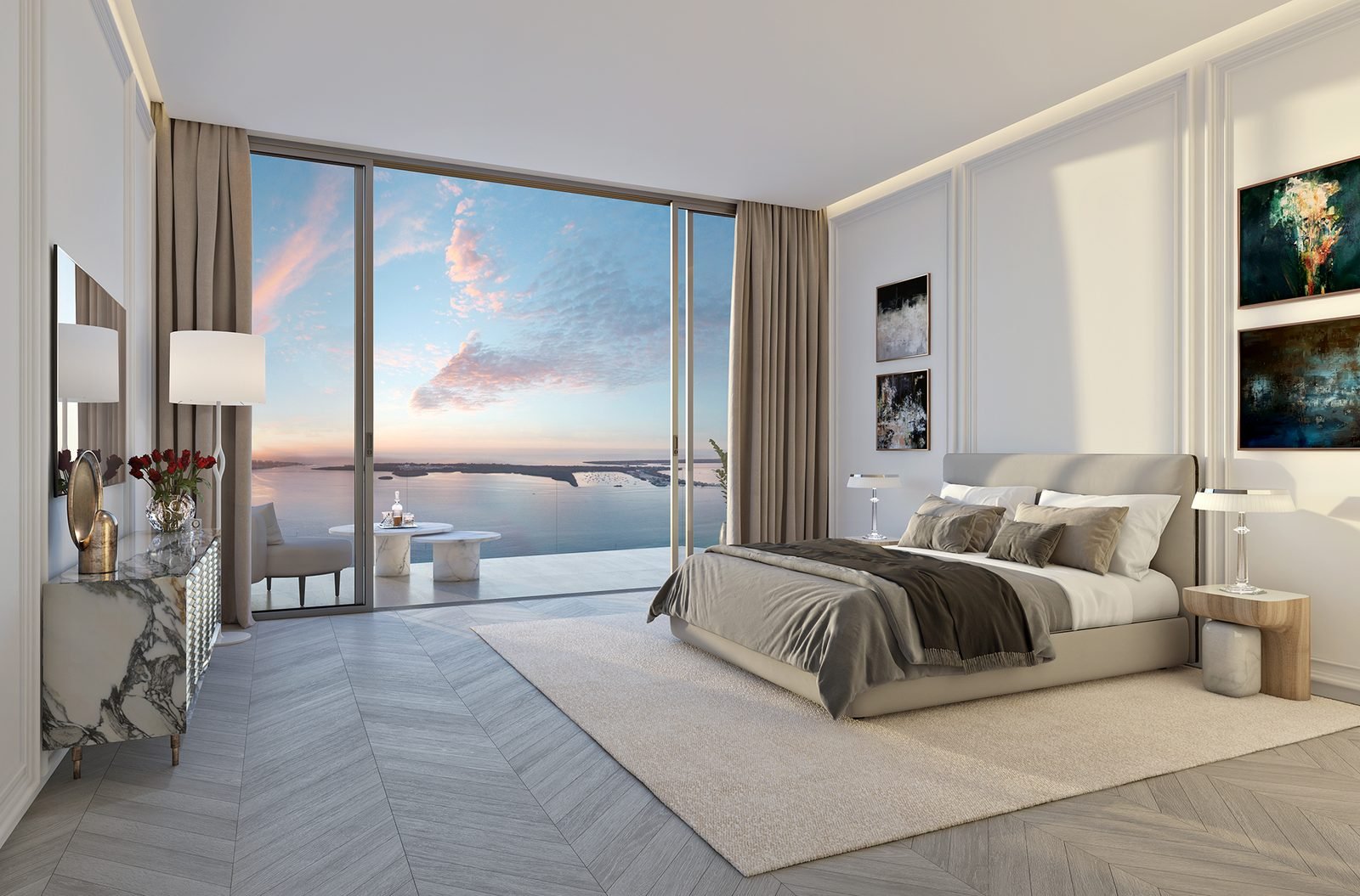 Developer rendering of Baccarat Residences Miami — primary bedroom