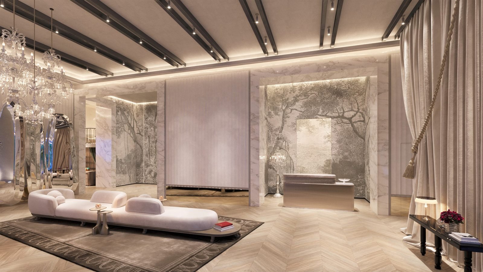 Developer rendering of Baccarat Residences Miami — lobby and front desk