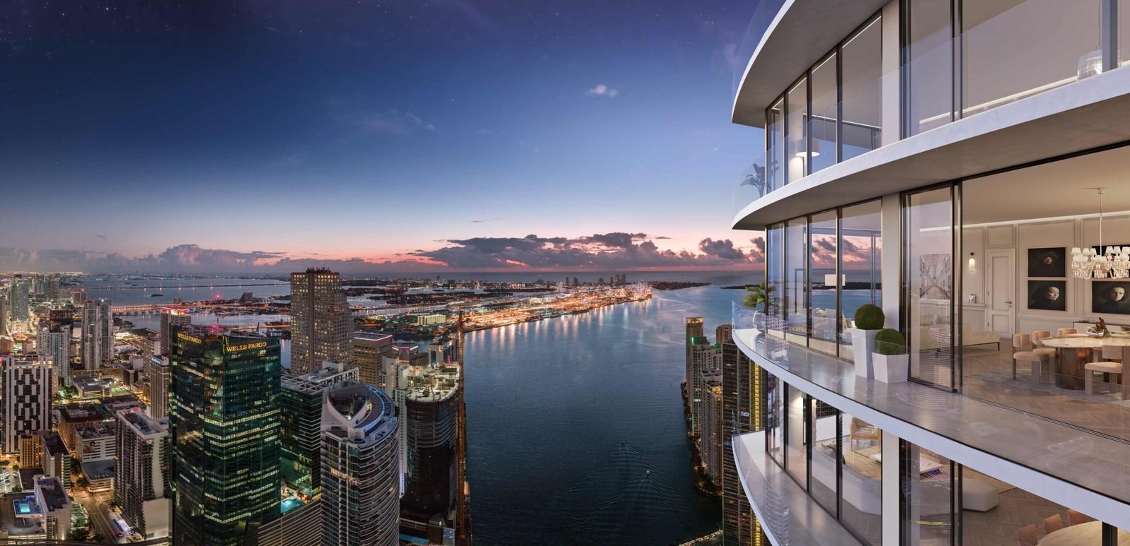 Developer rendering of Baccarat Residences Miami — the view from a residence, north over brickell and biscayne bay