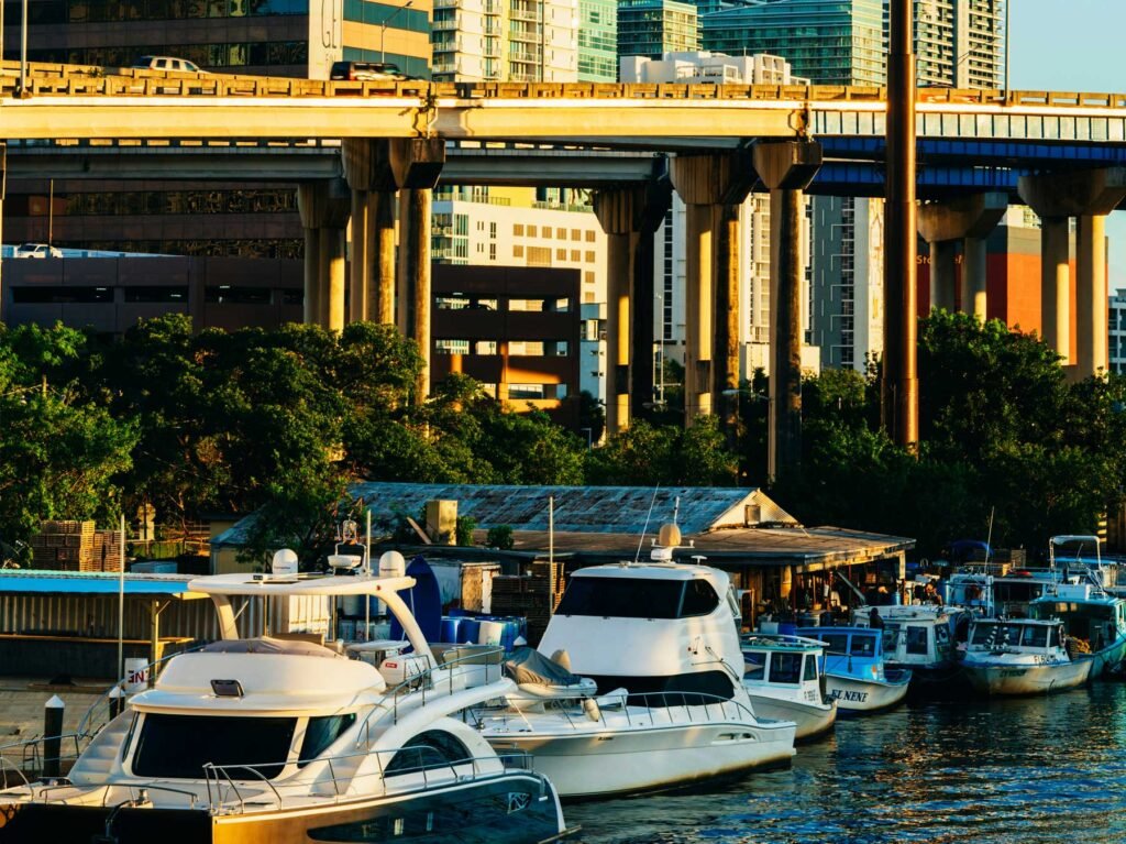 Elevated Metromover track above a marina in Brickell