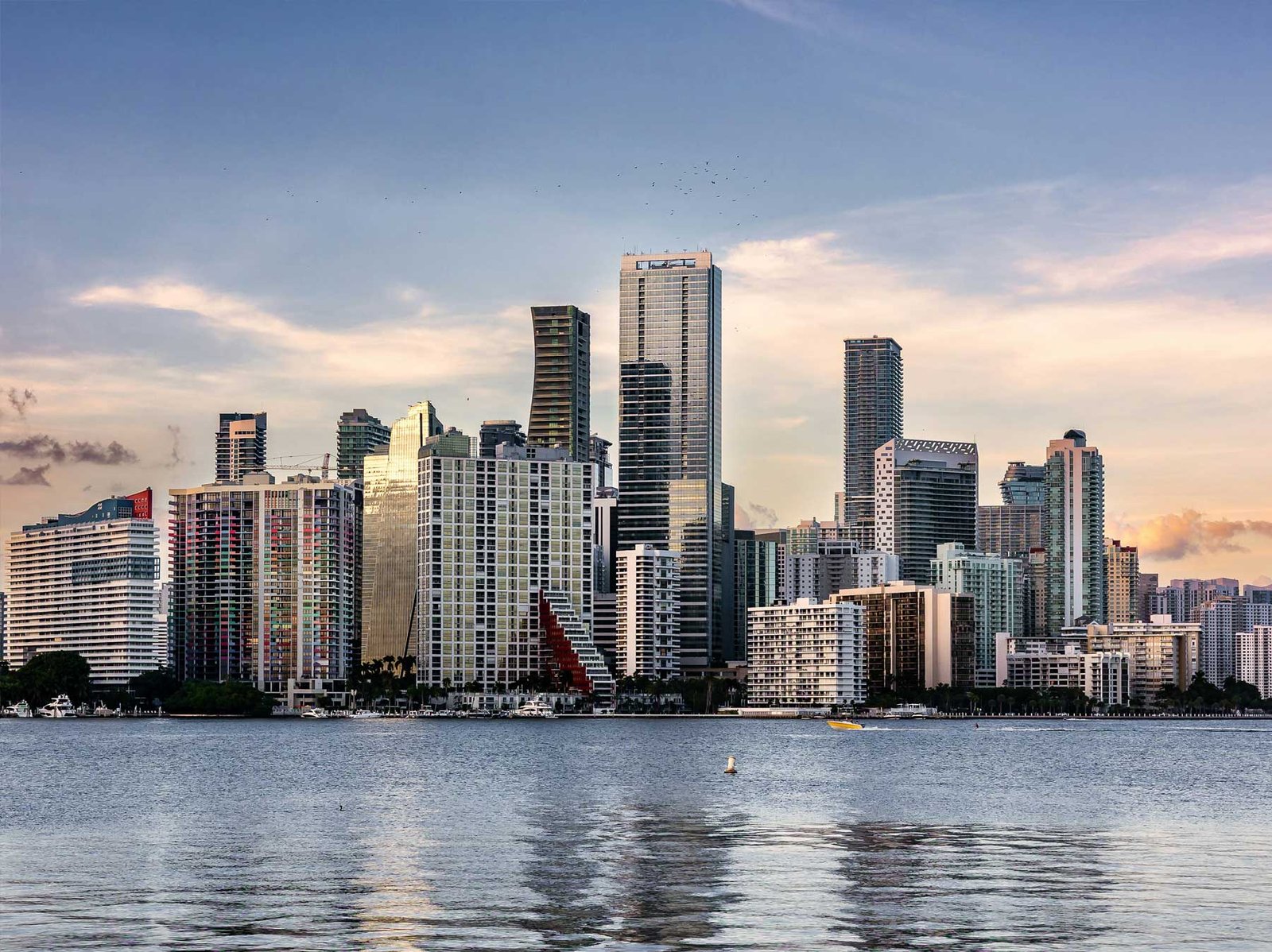 The Brickell and downtown Miami tower cluster seen across Biscayne Bay in daylight