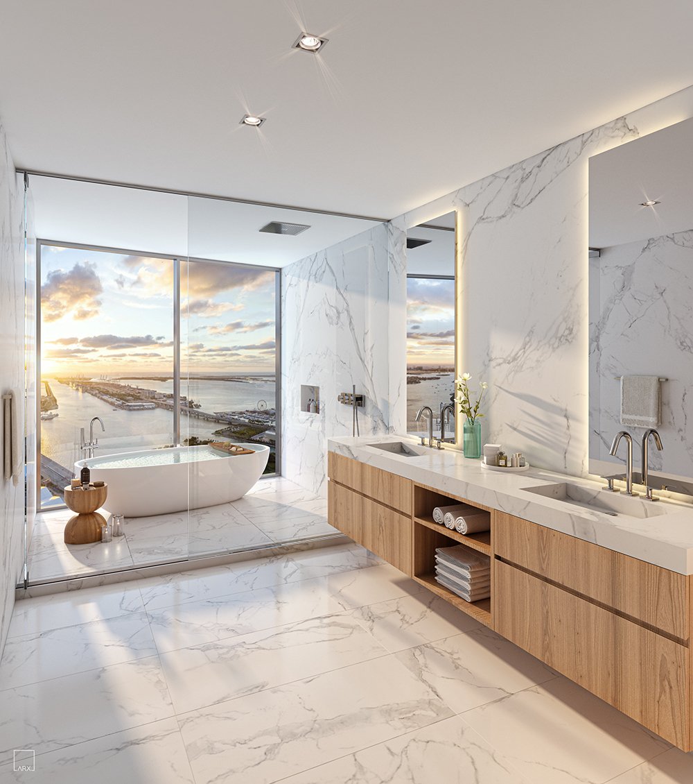 - Casa Bella Residences A penthouse primary bathroom at Casa Bella Residences — developer rendering