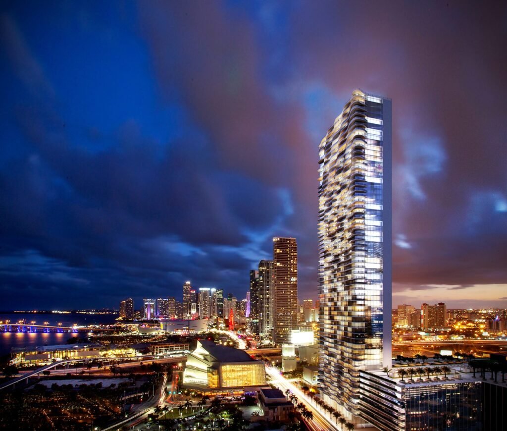 - Casa Bella Residences Casa Bella Residences above downtown Miami at night — developer rendering