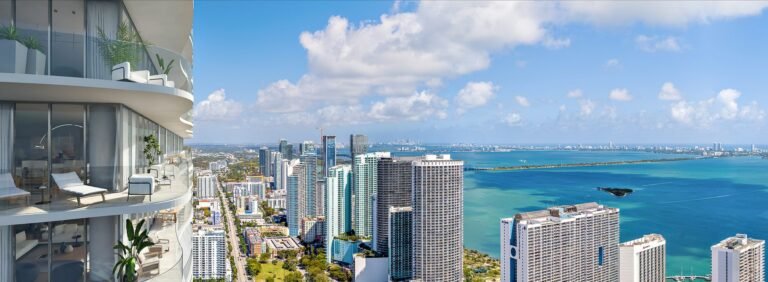 Developer rendering of Casa Bella Residences in the Miami Arts District, tower facade above Biscayne Bay