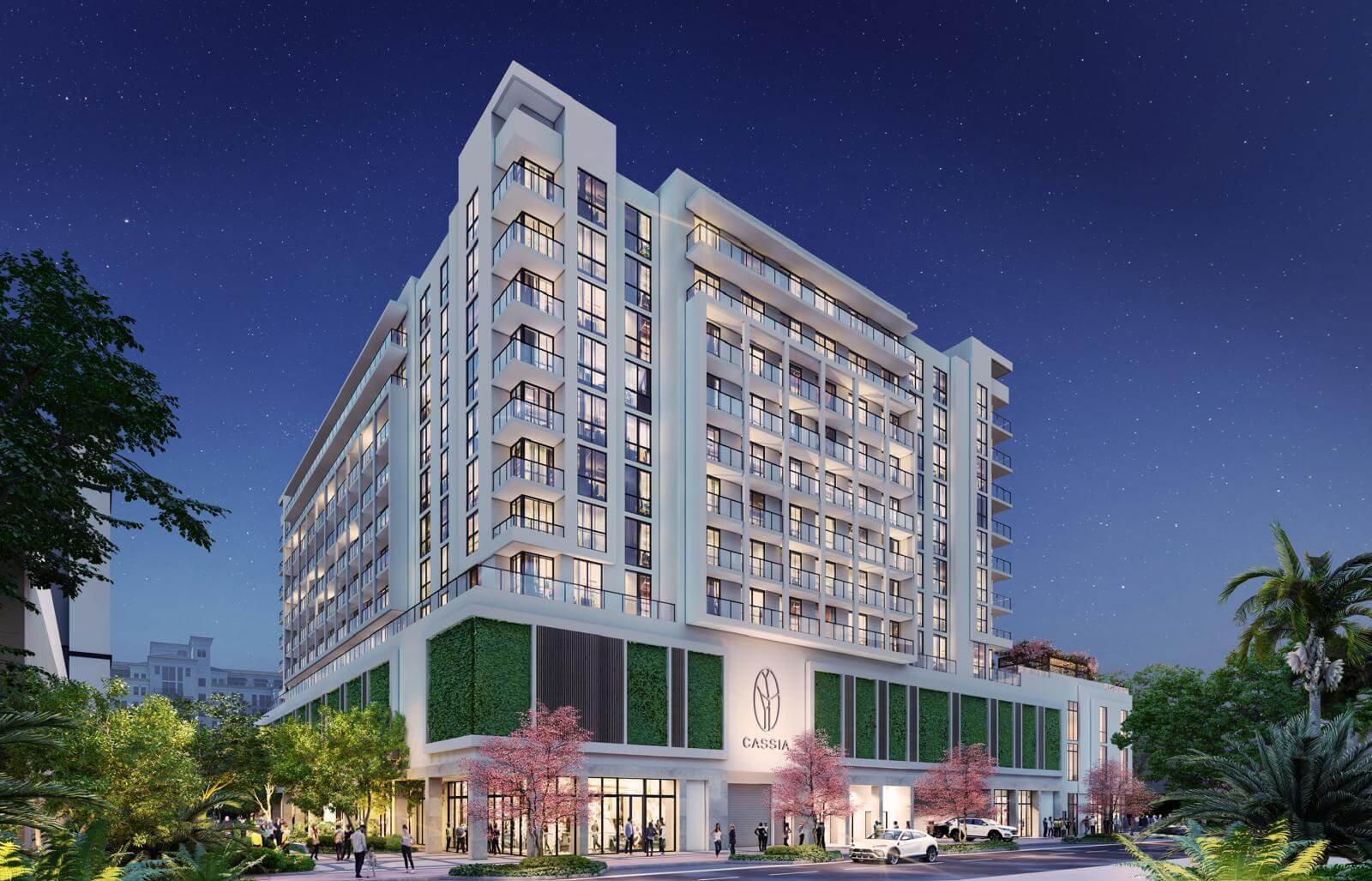 Cassia Residences at dusk in Coral Gables — developer rendering