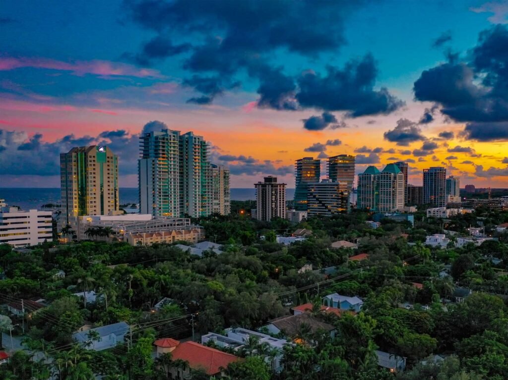 Aerial over Coconut Grove at sunset — dense tree canopy in the foreground with towers and the bay behind