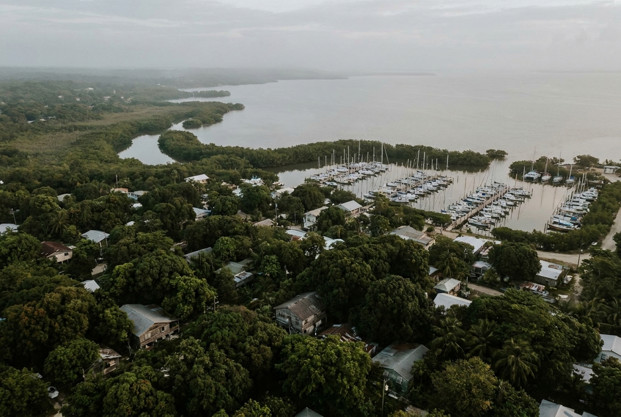 Aerial view of Coconut Grove tree canopy, marina and Biscayne Bay