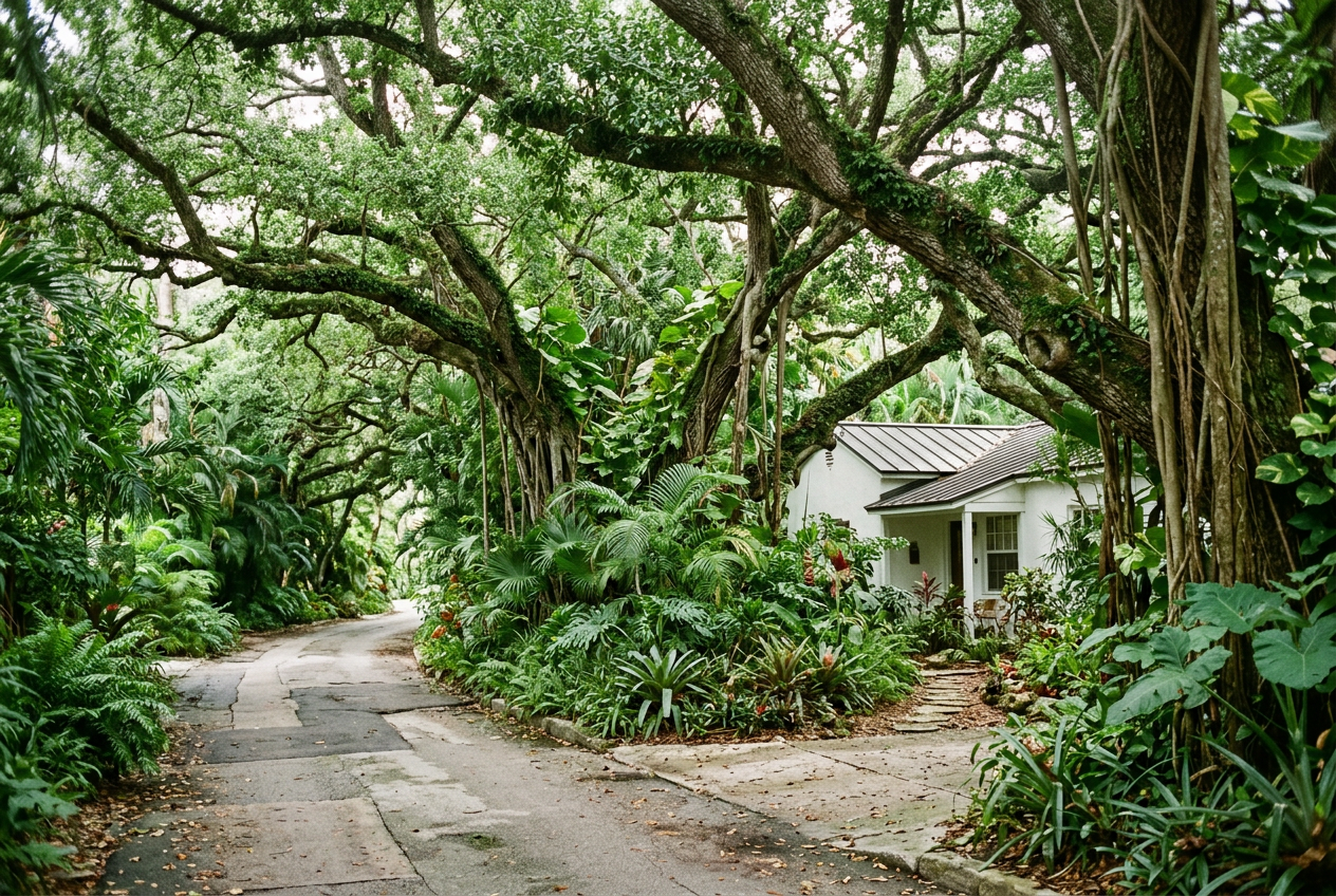 Banyan tree canopy over a residential street in Coconut Grove