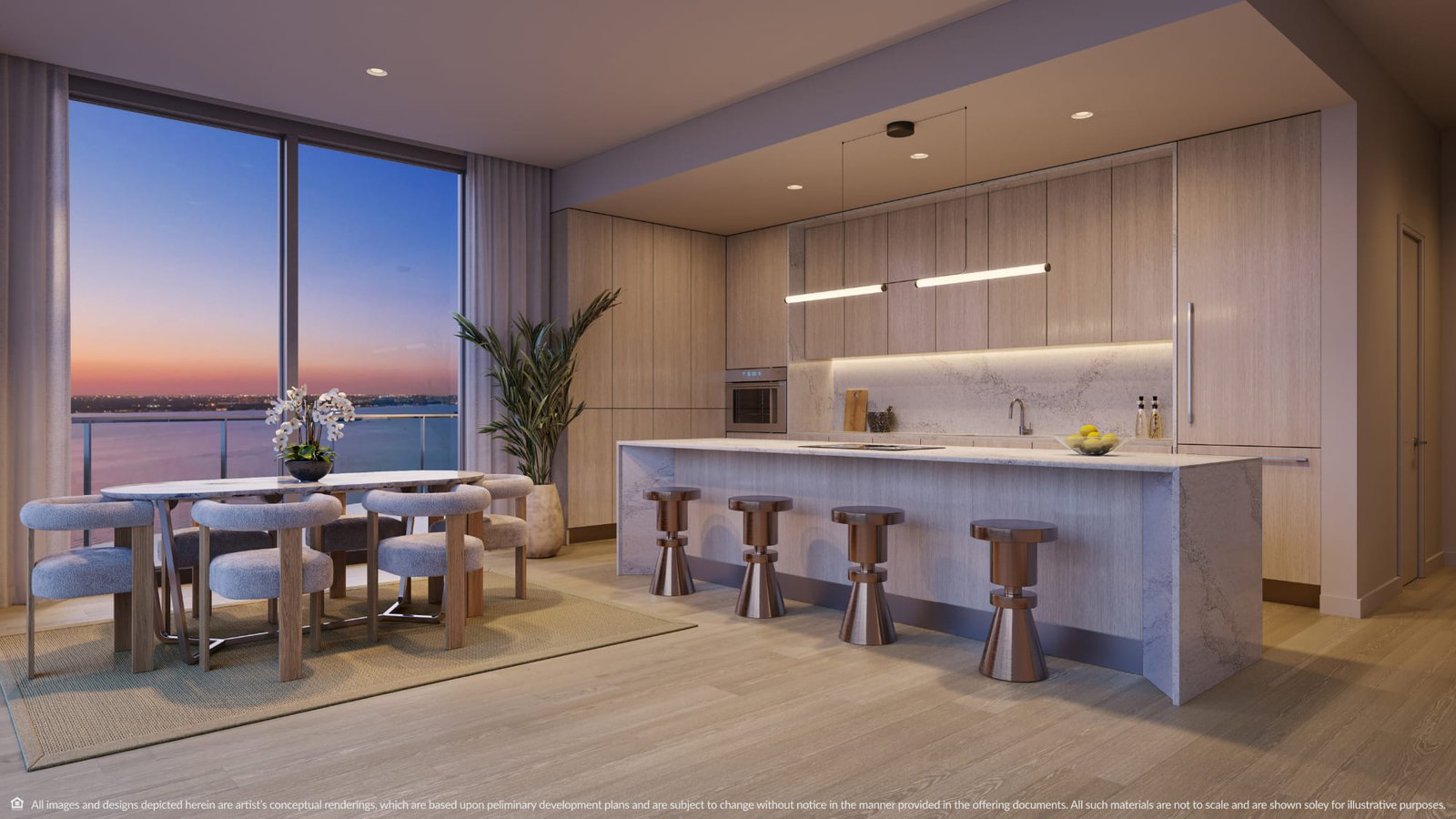 A residence kitchen at dusk at Continuum Club & Residences — developer rendering