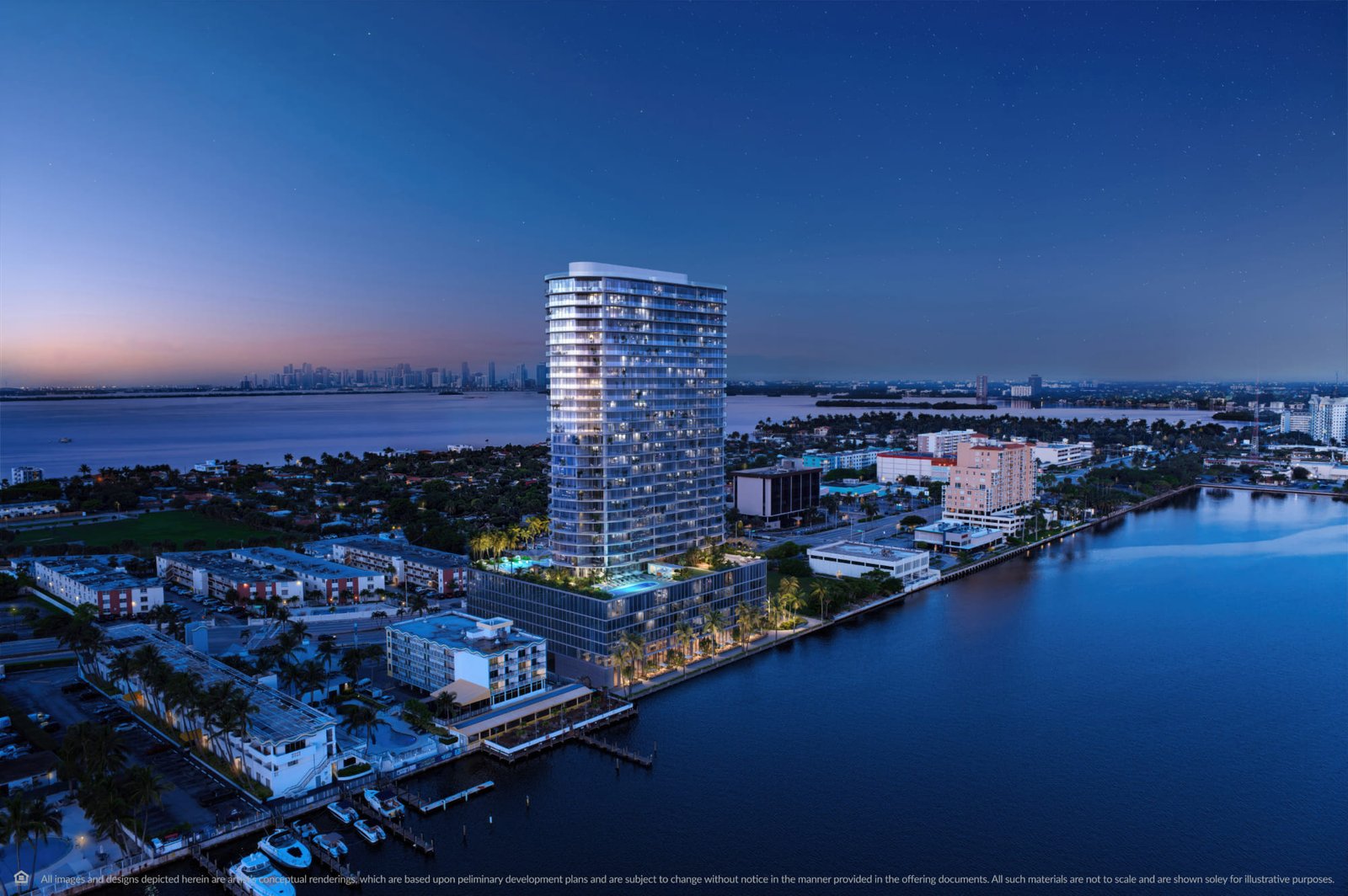 Continuum Club & Residences on its North Bay Village island at dusk — developer rendering