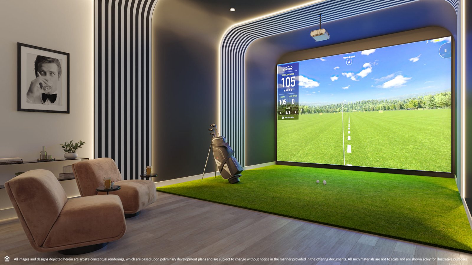 The golf simulator at Continuum Club & Residences — developer rendering
