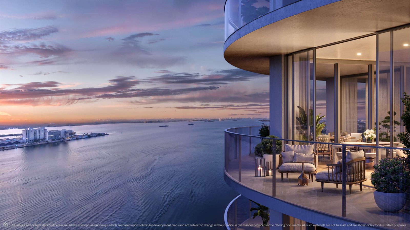 The terrace at dusk at Continuum Club & Residences — developer rendering