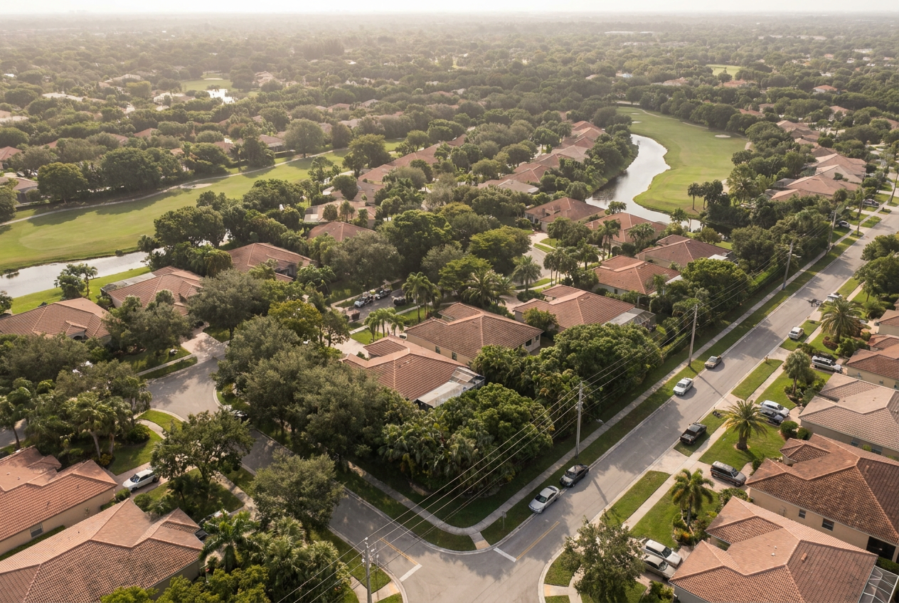 Aerial view of Coral Gables tree canopy and barrel tile roofs