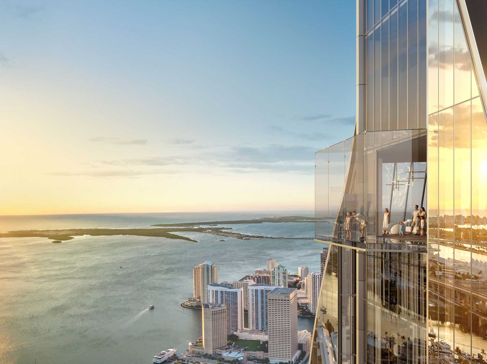 Delano Residences Miami living room with downtown Miami and Biscayne Bay views — developer rendering