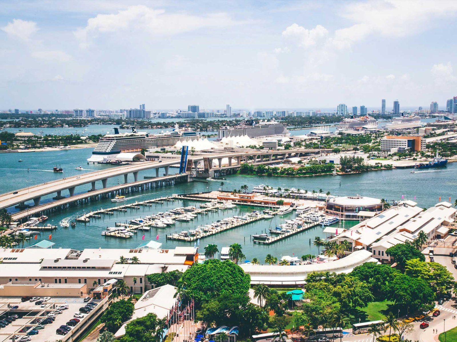 - Downtown Miami Aerial over the Downtown Miami marina, causeway and port