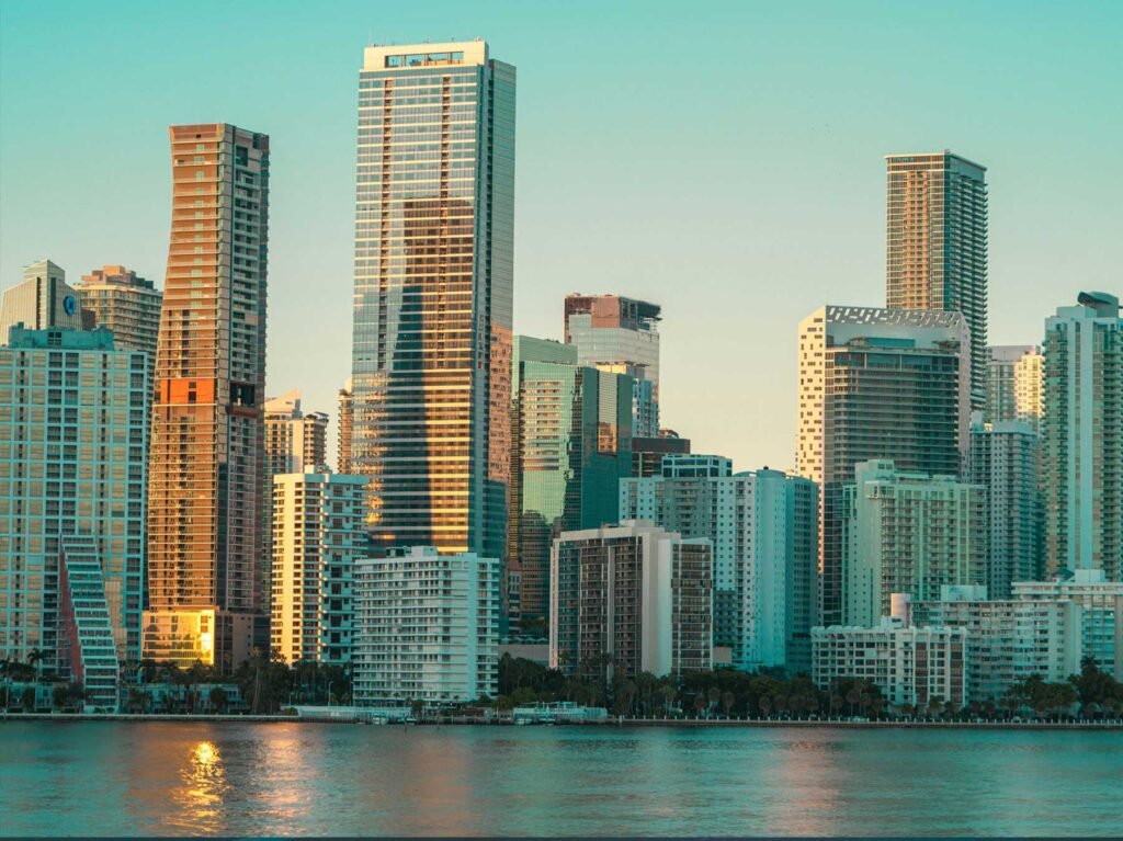 Downtown Miami skyline from across Biscayne Bay in daylight