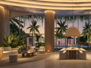 The terrace lounge at The EDITION Residences, Miami Edgewater — developer rendering