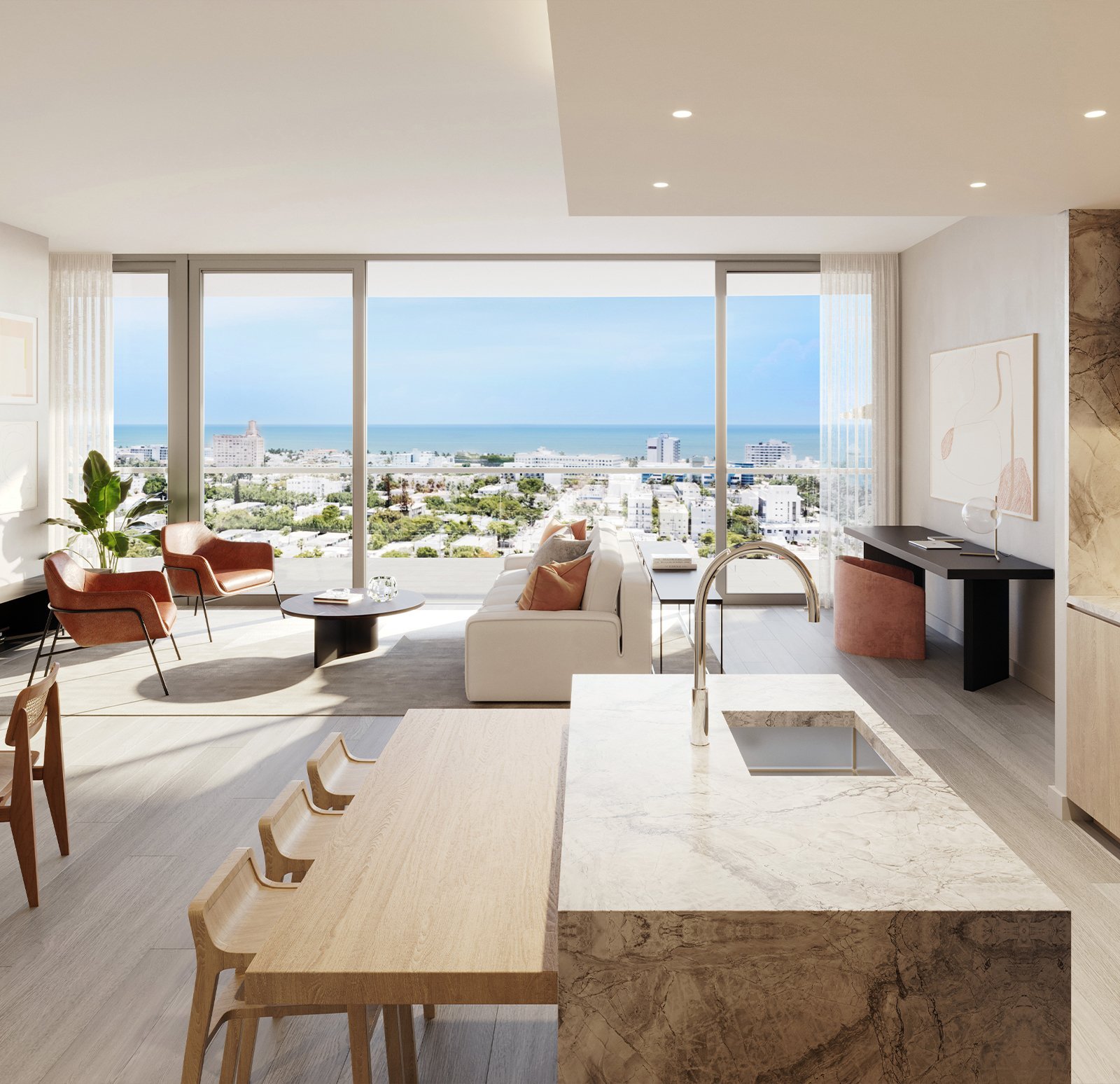 A residence kitchen and living room at Five Park Miami Beach — developer rendering