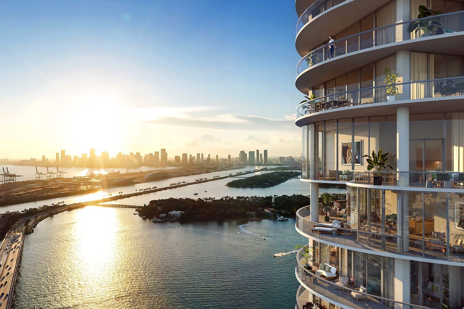 Five Park Miami Beach looking towards downtown at sunset — developer rendering
