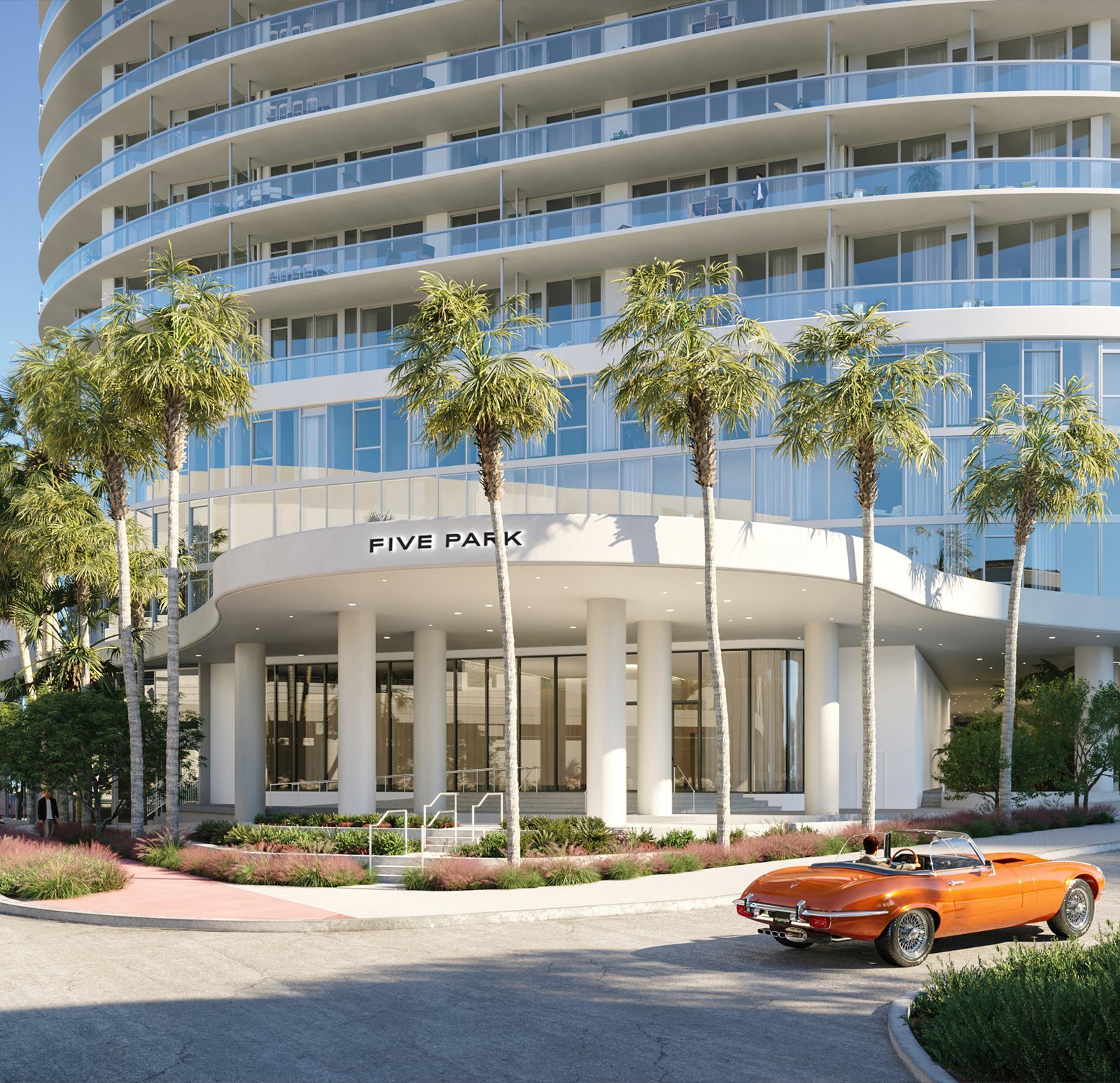 The entrance and porte-cochere at Five Park Miami Beach — developer rendering