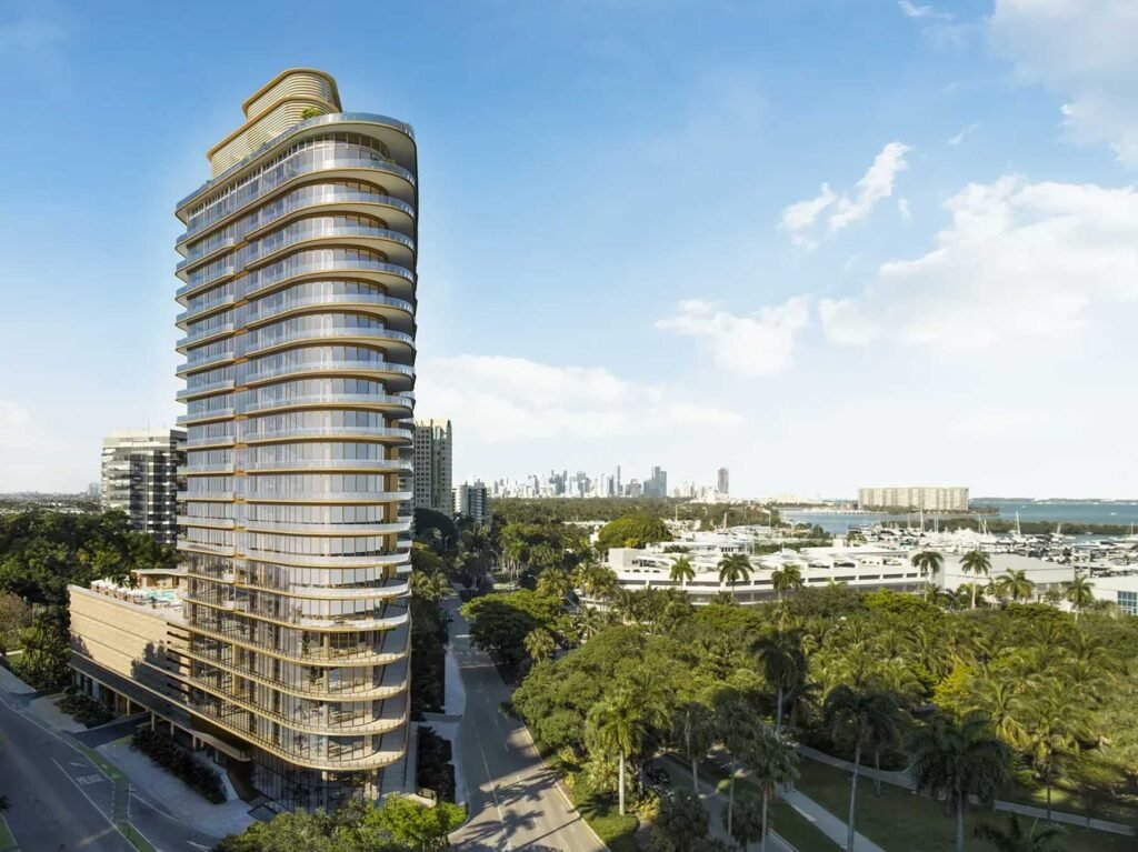 Four Seasons Private Residences Coconut Grove above the Grove and Biscayne Bay — developer rendering