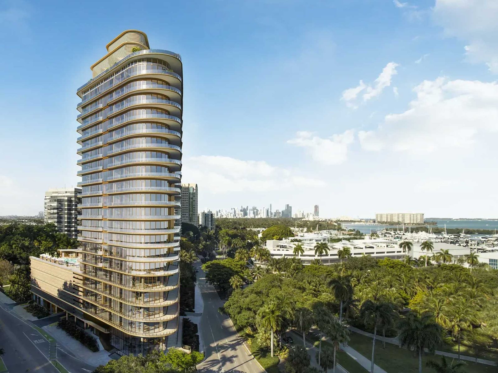 Four Seasons Private Residences Coconut Grove terrace with curved balcony over the Grove — developer rendering