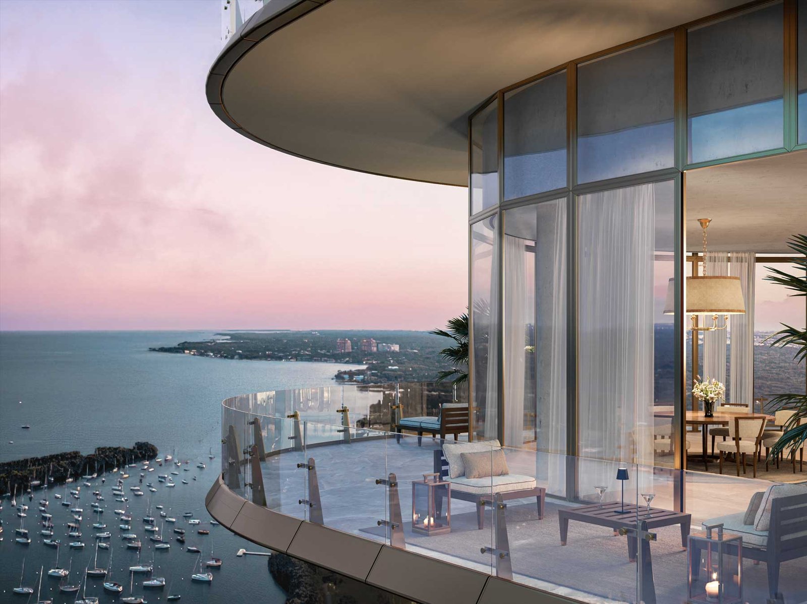 Four Seasons Private Residences Coconut Grove in the Coconut Grove skyline at dusk — developer rendering