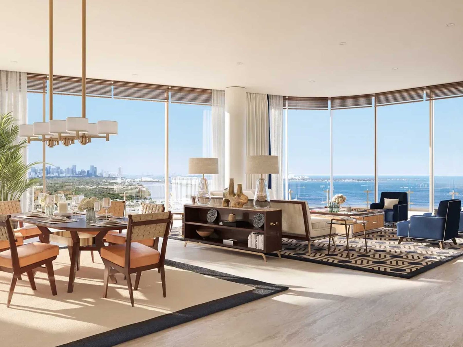 Four Seasons Private Residences Coconut Grove living room with Biscayne Bay views — developer rendering