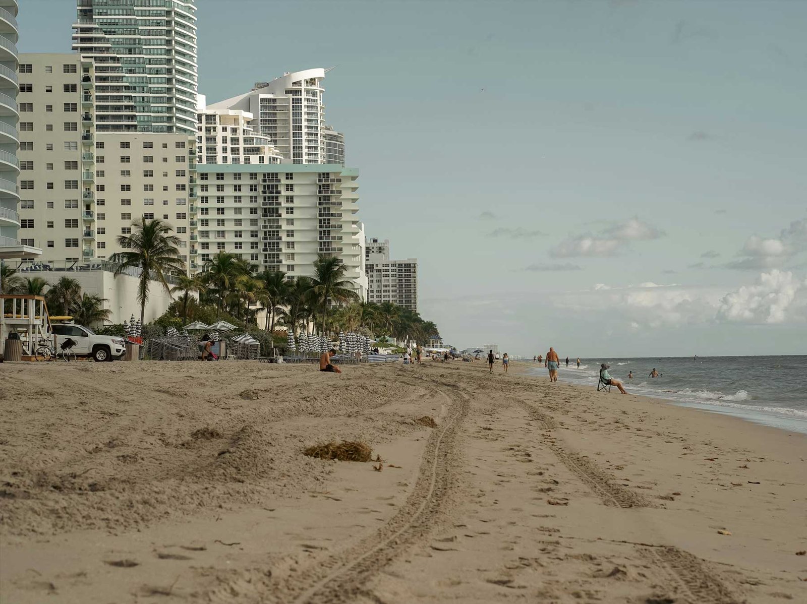 Hallandale Beach shoreline and beachfront buildings at dusk