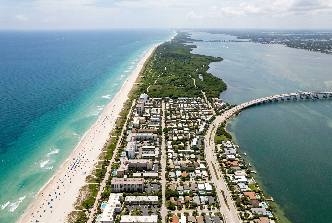 - Miami Luxury Homes Aerial view of Key Biscayne barrier island and causeway